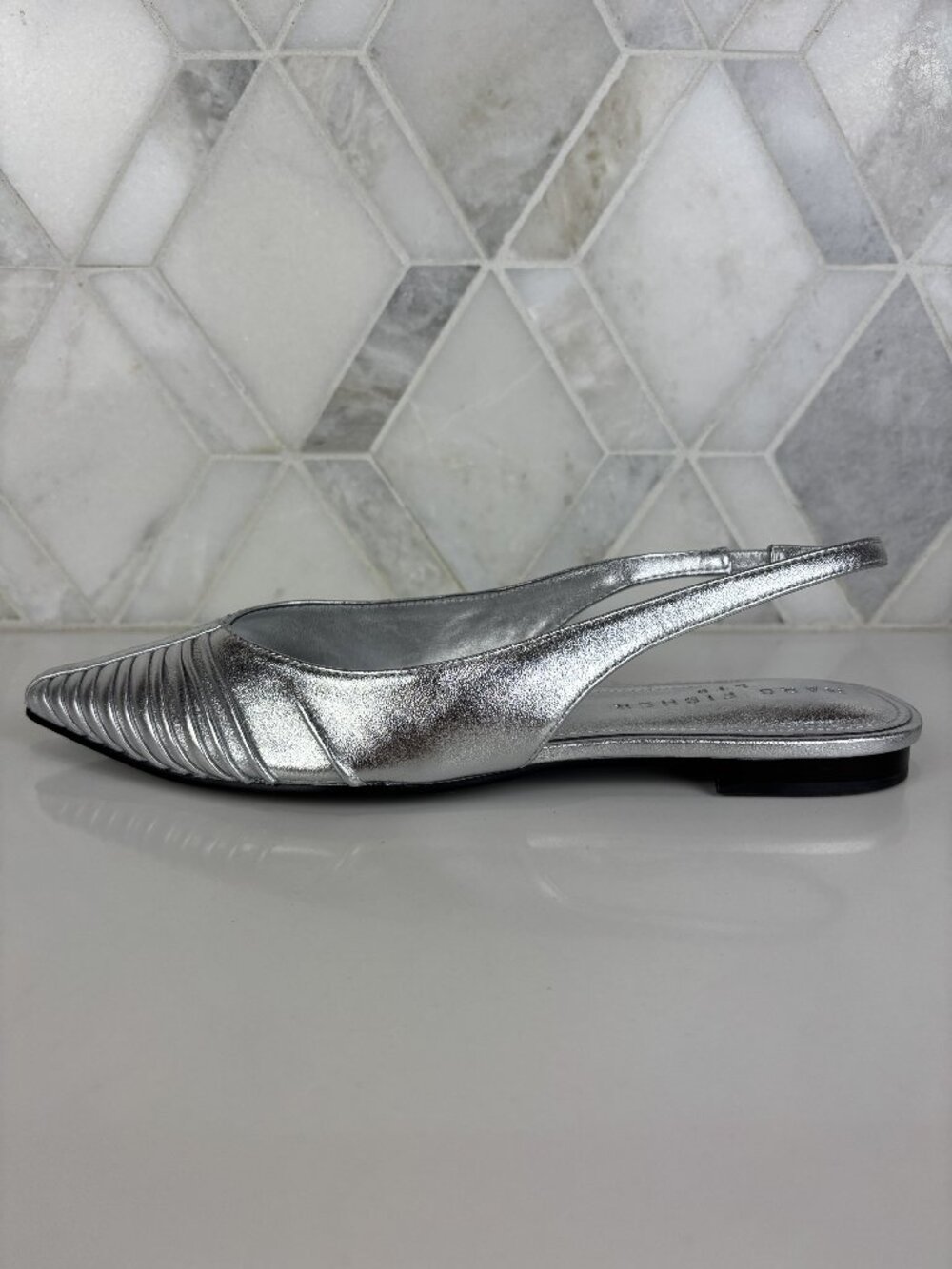 7.5M Marc Fisher Dalatee Silver Ruched Gathered Pointed Toe Slingback Flat Shoe - Picture 7 of 14